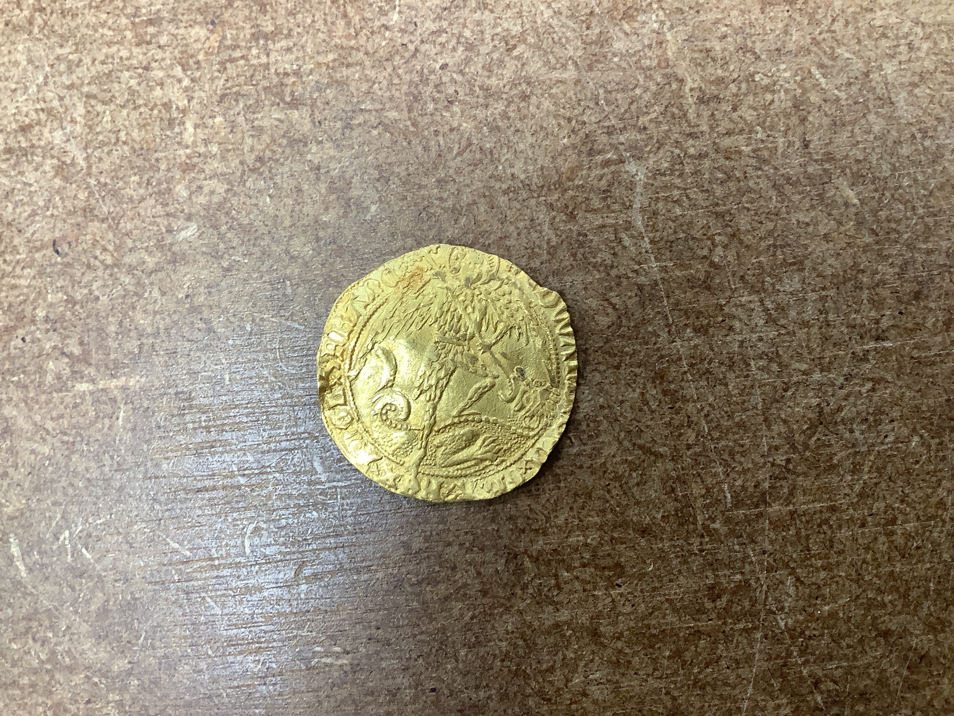 British hammered coinage, Edward IV gold Angel (S2091), mm. heraldic cinquefoil, London 1480-83, 5.11g, lightly clipped, creased, otherwise about VF